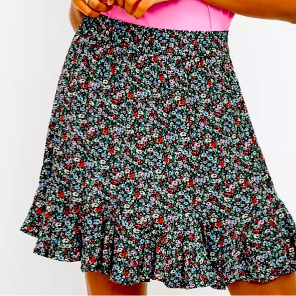 LOFT Blue and Pink Ruffled Skater Mini Skirt